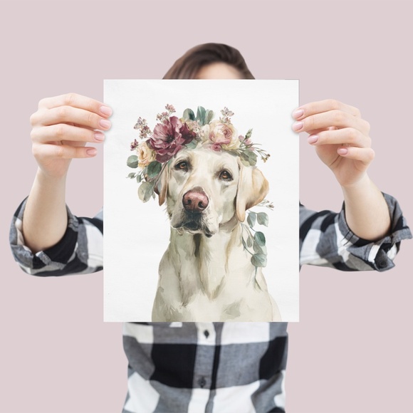 Watercolor Labrador Retriever with Flower Crown Portrait Wall Art Print Unframed - Picture 4 of 7